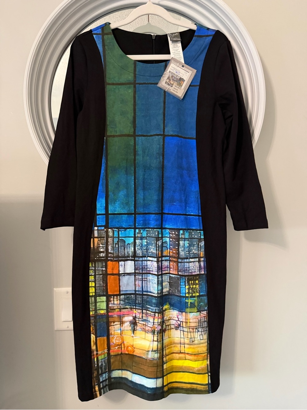 Women's Long Sleeve Black Dress with Vibrant Blue & Multicolor Panel
